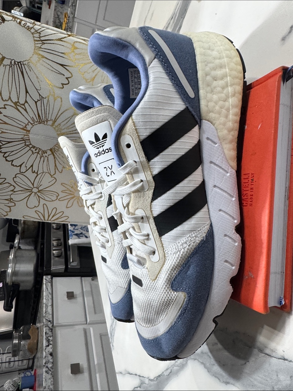 Adidas ZX 1K Boost Mens 8.5 White Crew Blue Black Running Shoes